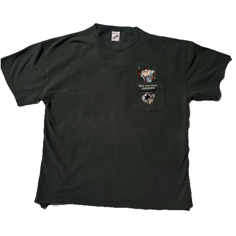 Vintage Men's Dark Green looney tunes embroidered polo shirt Taz 90s Y2K XL